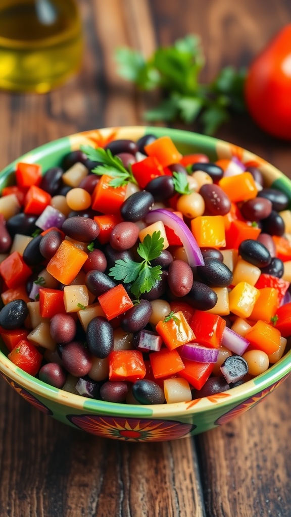 A vibrant three-bean salad with kidney, black, and garbanzo beans mixed with bell peppers and parsley, in a bowl on a wooden table.